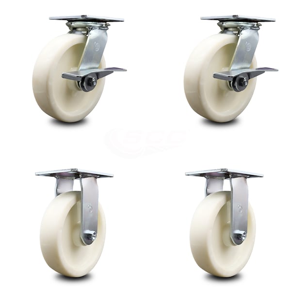 8 Inch Nylon Caster Set with Roller Bearing 2 Brakes and 2 Rigid